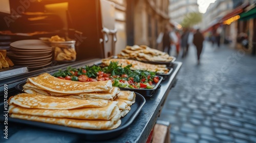 Fototapeta Naklejka Na Ścianę i Meble -  Parisian street food stall selling crepes, soft afternoon light illuminating quaint cobblestone streets and classic French architecture,  Paris food stalls, elegant simplicity