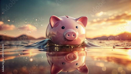 Vintage Style Photography of a Pink Piggy Bank Drowning in Water, Financial Loss, Reflections, Nostalgic, Depth, Water