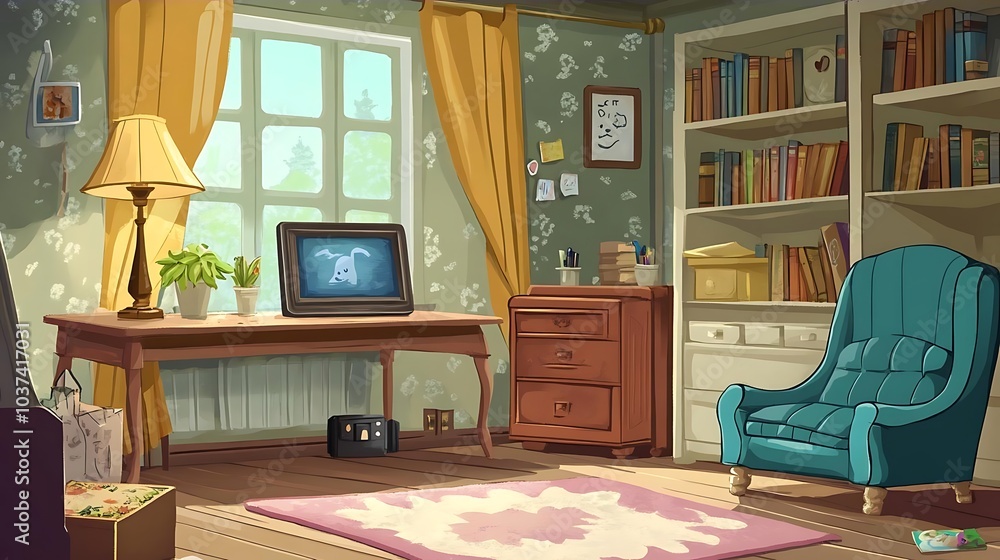 Fototapeta premium Cozy Living Room Interior with Bookcase Chair and Lamp