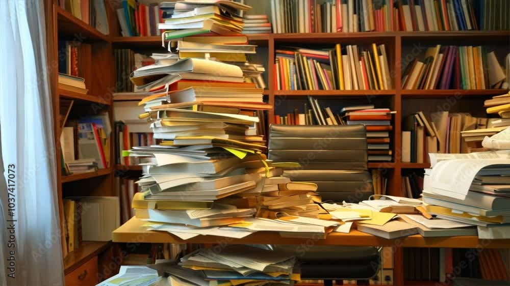 Cluttered workspace filled with stacks of books and papers creates chaotic yet vibrant atmosphere for study and creativity, reflecting passionate pursuit of knowledge and organization. Cluttered workspace filled with stacks of books and papers creates chaotic yet vibrant atmosphere for study and creativity, reflecting passionate pursuit of knowledge and organization.