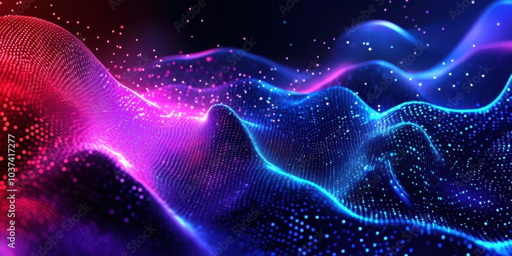 Colorful digital waves and particles: futuristic abstract background in red and blue Colorful digital waves and particles: futuristic abstract background in red and blue