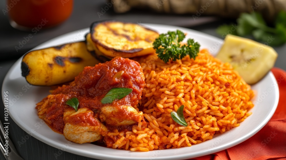 A mouthwatering plate of Nigerian jollof rice with spicy tomato sauce, mixed vegetables, and tender chicken pieces A mouthwatering plate of Nigerian jollof rice with spicy tomato sauce, mixed vegetables, and tender chicken pieces