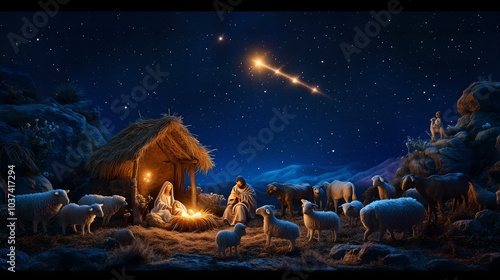 Sacred digital illustration representing Nativity scene in Bethlehem. Christmas scene illustration showing holy family baby Jesus Joseph and Mary. Banner or wallpaper Copy space. Blue