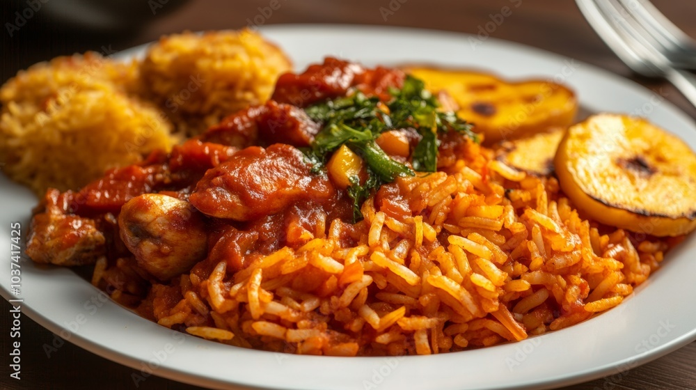 A mouthwatering plate of Nigerian jollof rice with spicy tomato sauce, mixed vegetables, and tender chicken pieces A mouthwatering plate of Nigerian jollof rice with spicy tomato sauce, mixed vegetables, and tender chicken pieces