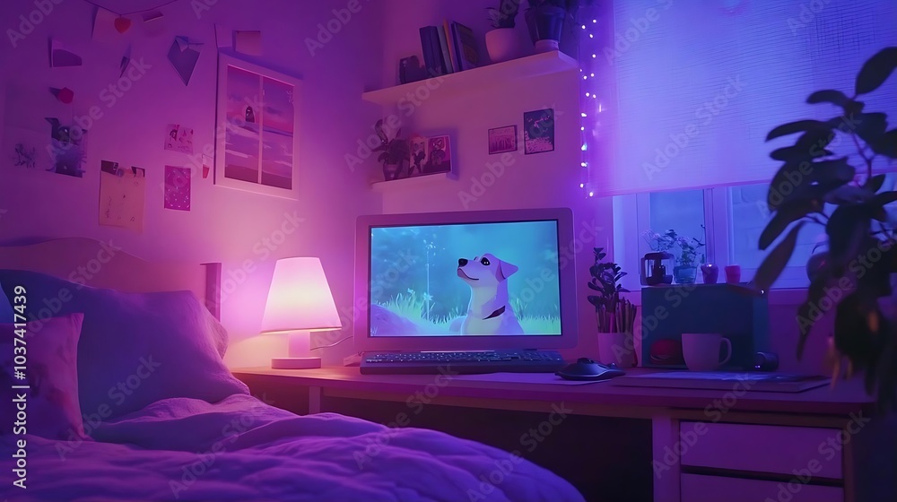 Purple Bedroom Interior with Computer and Dog Movie Playing Purple Bedroom Interior with Computer and Dog Movie Playing