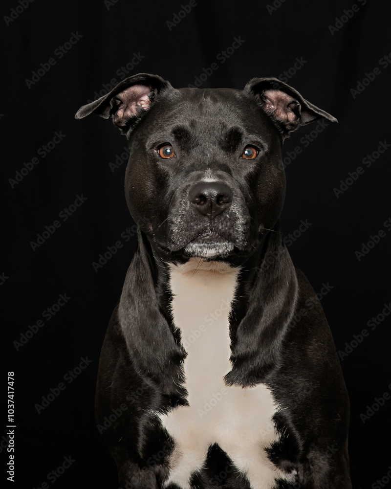 Headshot of black dog looking straight into camera Headshot of black dog looking straight into camera