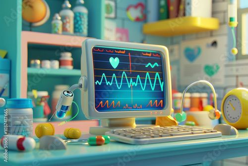 A vibrant, cartoon-style medical office featuring a heart monitor, medicine bottles, pills, and medical equipment, creating a playful and futuristic healthcare environment.

