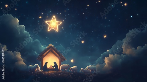 Sacred digital illustration representing Nativity scene in Bethlehem. Christmas scene illustration showing holy family baby Jesus Joseph and Mary. Banner or wallpaper Copy space. Blue