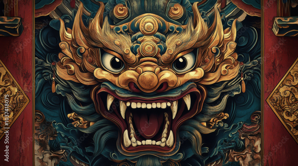 Fototapeta premium Majestic creature of Buddhist mythology with fierce expression, showcasing intricate details and vibrant colors. This artwork captures essence of strength and spirituality