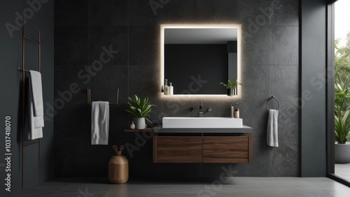 Wallpaper Mural a modern bathroom with a grey color palette. The walls and floor are clad in sleek gray tiles, creating a sophisticated and minimalist aesthetic. Torontodigital.ca