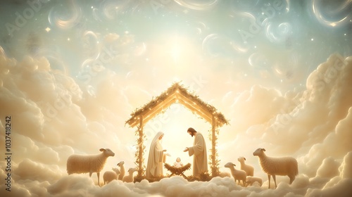 Watercolor painting representing Nativity scene in Bethlehem. Christmas scene illustration showing holy family baby Jesus in the manger Joseph and Mary. Banner or wallpaper Copy space