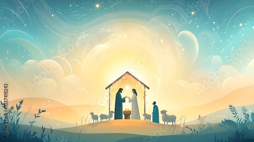 Watercolor painting representing Nativity scene in Bethlehem. Christmas scene illustration showing holy family baby Jesus in the manger Joseph and Mary. Banner or wallpaper Copy space