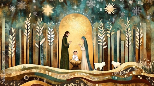 Boho style painting representing Nativity scene in Bethlehem. Christmas scene illustration showing holy family baby Jesus in the manger Joseph and Mary. Wallpaper or banner