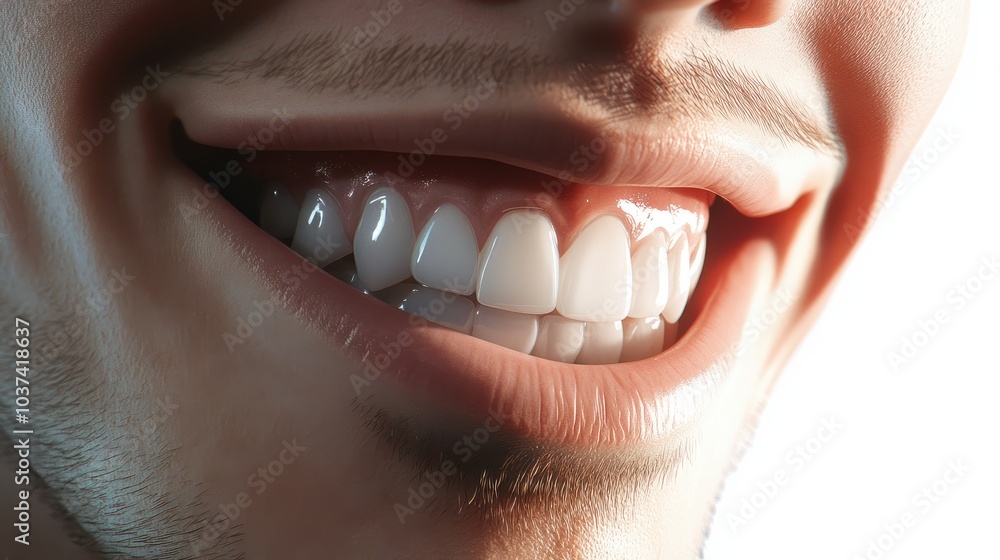 Obraz premium Close-up of a male face's lower half, showcasing a bright, charming smile with flawless teeth, perfectly framed by a strong chin and nose against a pure white background.