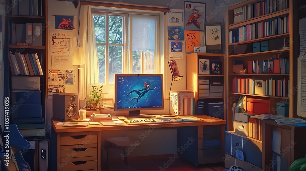 Fototapeta premium Cozy Home Office Desk with Computer Bookshelf and Window View