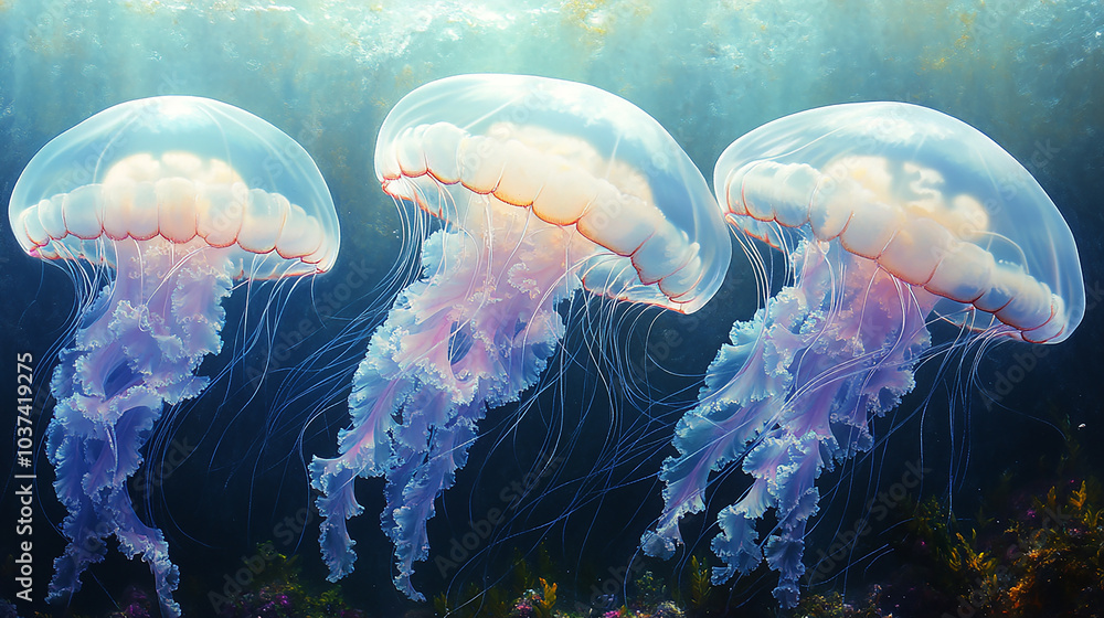 Fototapeta premium Several translucent and tan jellyfish are clustered underwater.