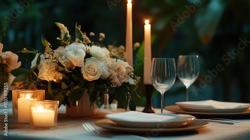 Coziness and style. Modern event design. Table setting at wedding reception. Floral compositions with beautiful flowers and greenery, candles, laying and plates on decorated table. photo