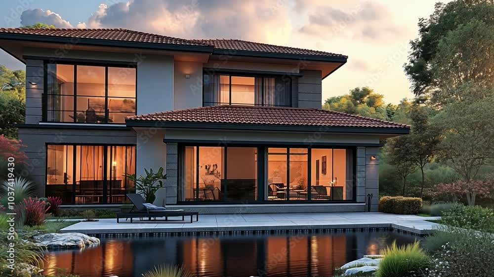 This contemporary house showcases large windows, reflecting the warm sunset over a serene garden. This contemporary house showcases large windows, reflecting the warm sunset over a serene garden.