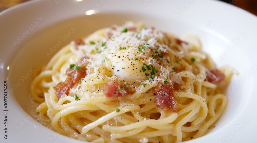 A mouthwatering plate of spaghetti carbonara with crispy pancetta, egg yolk, and Parmesan cheese A mouthwatering plate of spaghetti carbonara with crispy pancetta, egg yolk, and Parmesan cheese