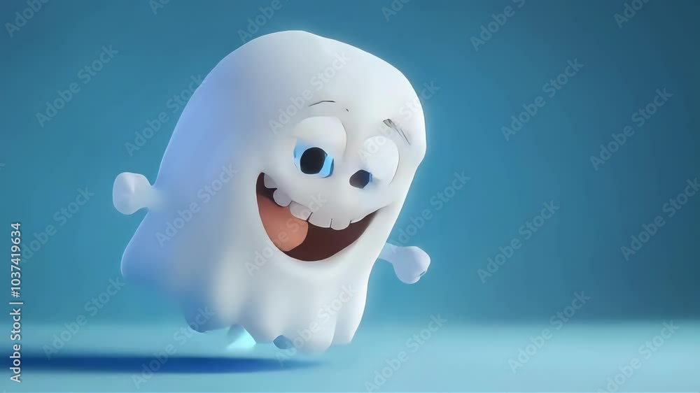 Cheerful cartoon ghost with big blue eyes and a smiling face against a light blue background. Cheerful cartoon ghost with big blue eyes and a smiling face against a light blue background.
