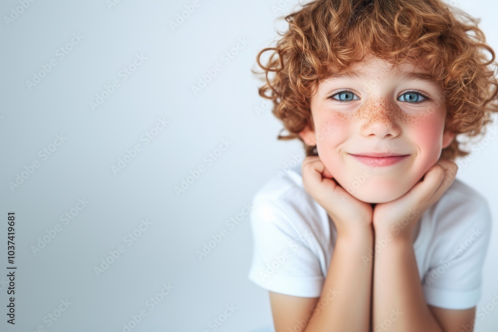 Joyful portrait of a young child with freckles and curly hair smiling brightly Joyful portrait of a young child with freckles and curly hair smiling brightly