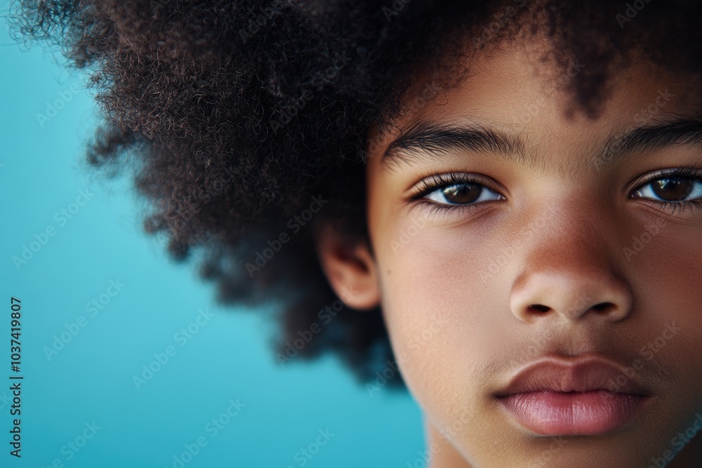 Portrait of young boy with curly hair against blue background Portrait of young boy with curly hair against blue background