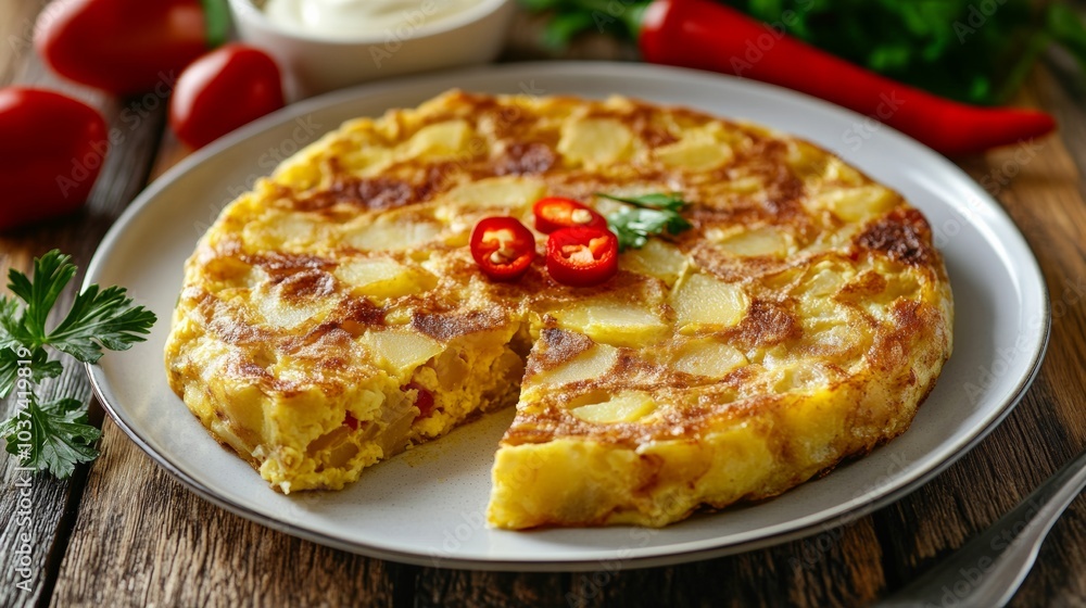 A mouthwatering plate of Spanish tortilla de patatas, thick omelette with potatoes and onions, Tortilla de patatas plate centered A mouthwatering plate of Spanish tortilla de patatas, thick omelette with potatoes and onions, Tortilla de patatas plate centered