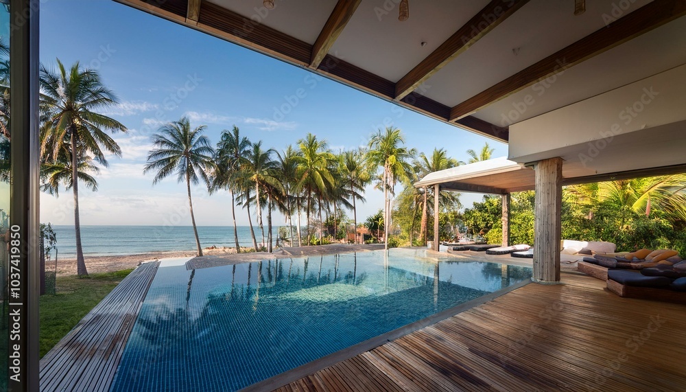 Architecture of a beach house with a pool, interior view - directly by the sea, with palm trees and coconuts - modern and with glass. Architecture of a beach house with a pool, interior view - directly by the sea, with palm trees and coconuts - modern and with glass.
