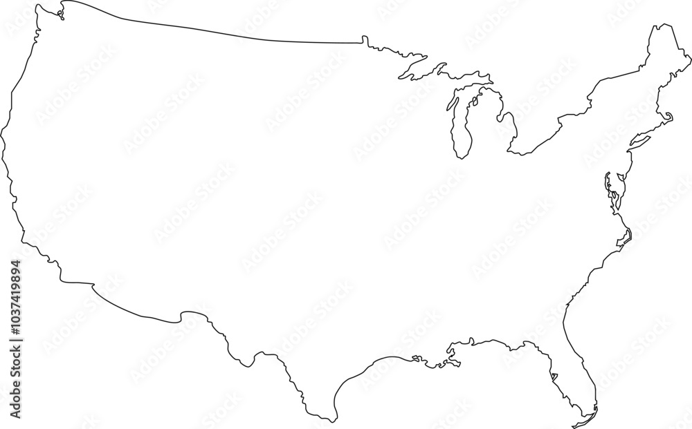 White map with a black outline of the United States of America. Map of USA. Borders of the USA. USA silhouette. White map with a black outline of the United States of America. Map of USA. Borders of the USA. USA silhouette.