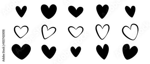 Set of black hearts, stylized hearts of different shapes on a white background. Hearts for Valentine's Day. Vector illustration. Love romance and wedding symbols