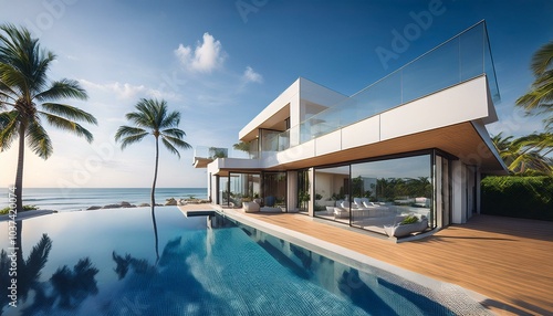 Architecture of a beach house with a pool, interior view - directly by the sea, with palm trees and coconuts - modern and with glass.