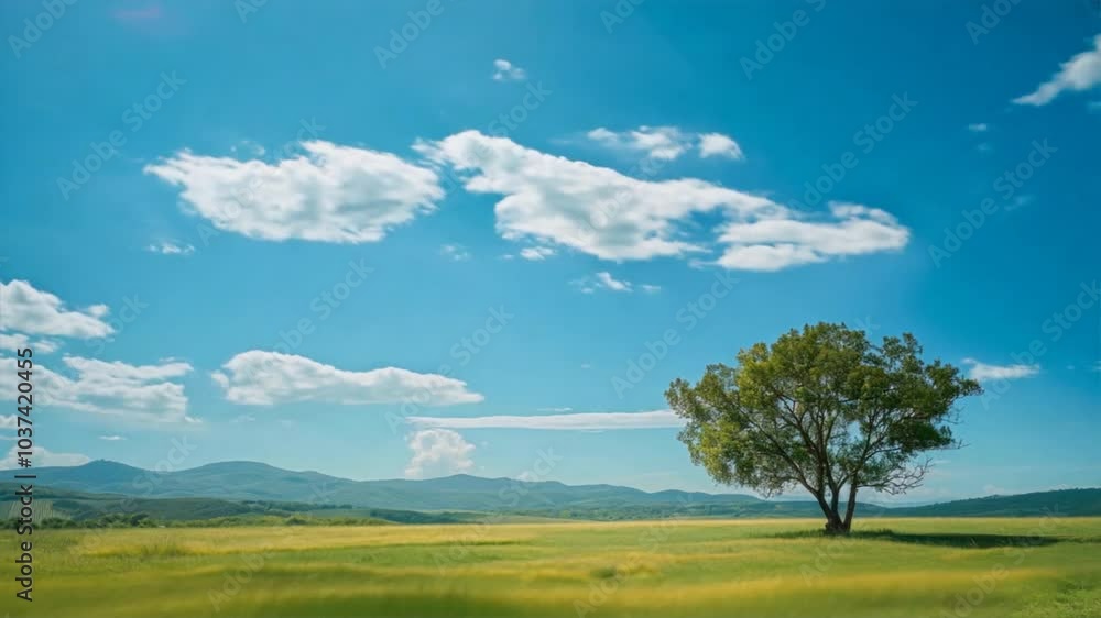 Serene landscape with solitary tree under vibrant blue sky, surrounded by lush green fields and distant mountains, evokes tranquility and natural beauty amidst rural scenery and fluffy clouds. Serene landscape with solitary tree under vibrant blue sky, surrounded by lush green fields and distant mountains, evokes tranquility and natural beauty amidst rural scenery and fluffy clouds.