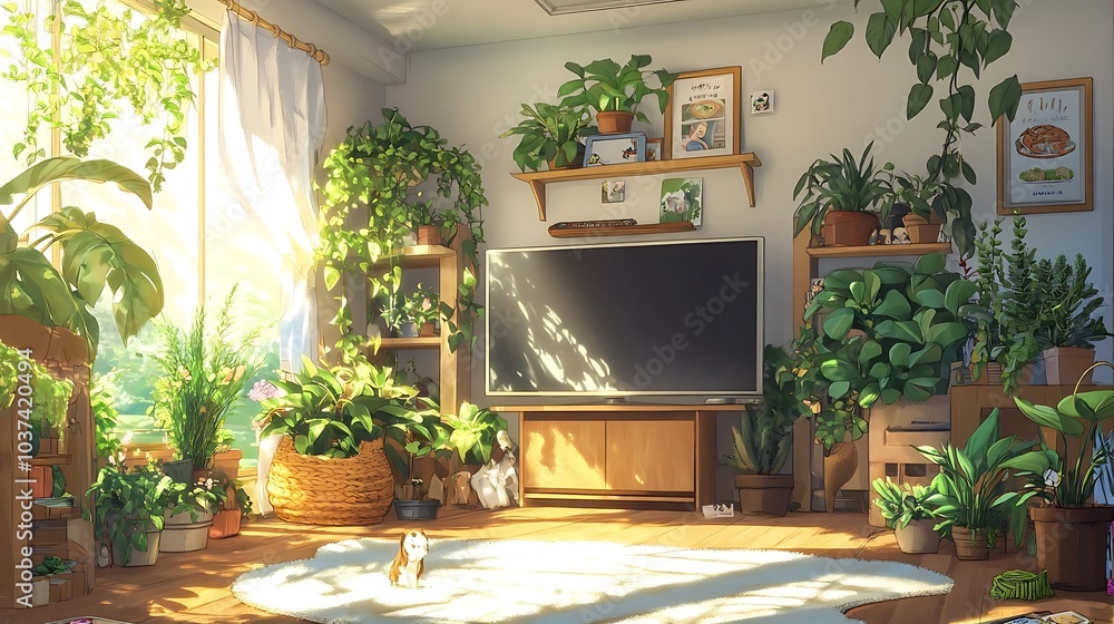 Cozy Living Room with Plants Cat and Sunbeams Cozy Living Room with Plants Cat and Sunbeams