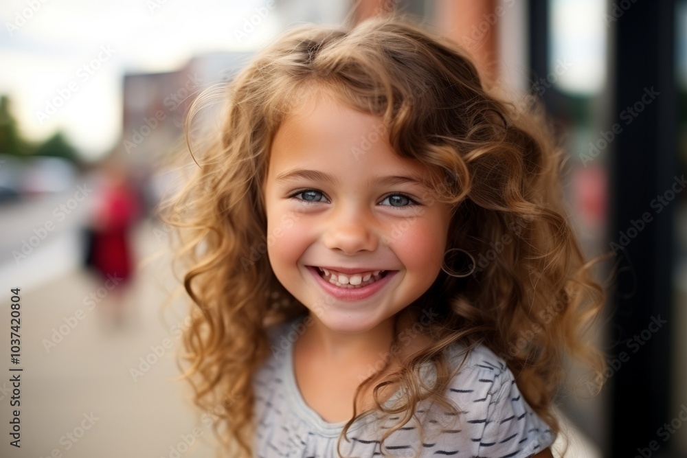 Portrait of cute little girl with curly hair smiling at camera outdoors Portrait of cute little girl with curly hair smiling at camera outdoors