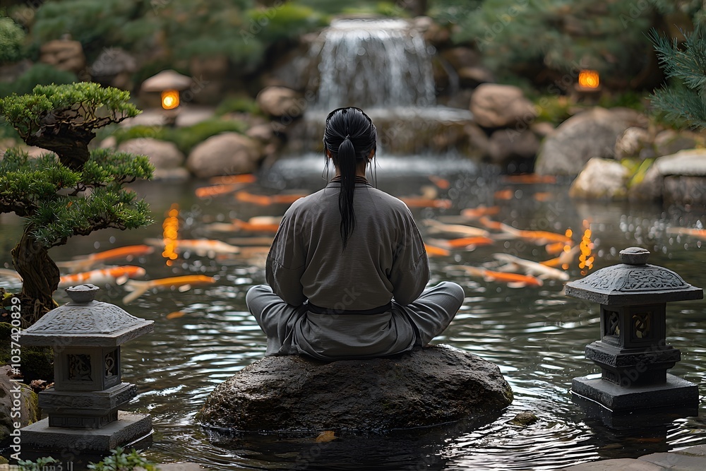 Serenity by the koi pond: meditative garden escape with tranquil waterfall Serenity by the koi pond: meditative garden escape with tranquil waterfall