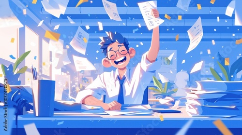Joyful Office Worker Celebrating Success Amidst Paperwork Chaos