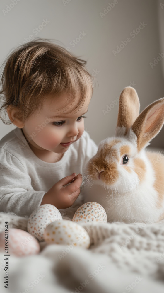 Adorable baby with bunny and easter eggs in a soft, cozy setting Adorable baby with bunny and easter eggs in a soft, cozy setting