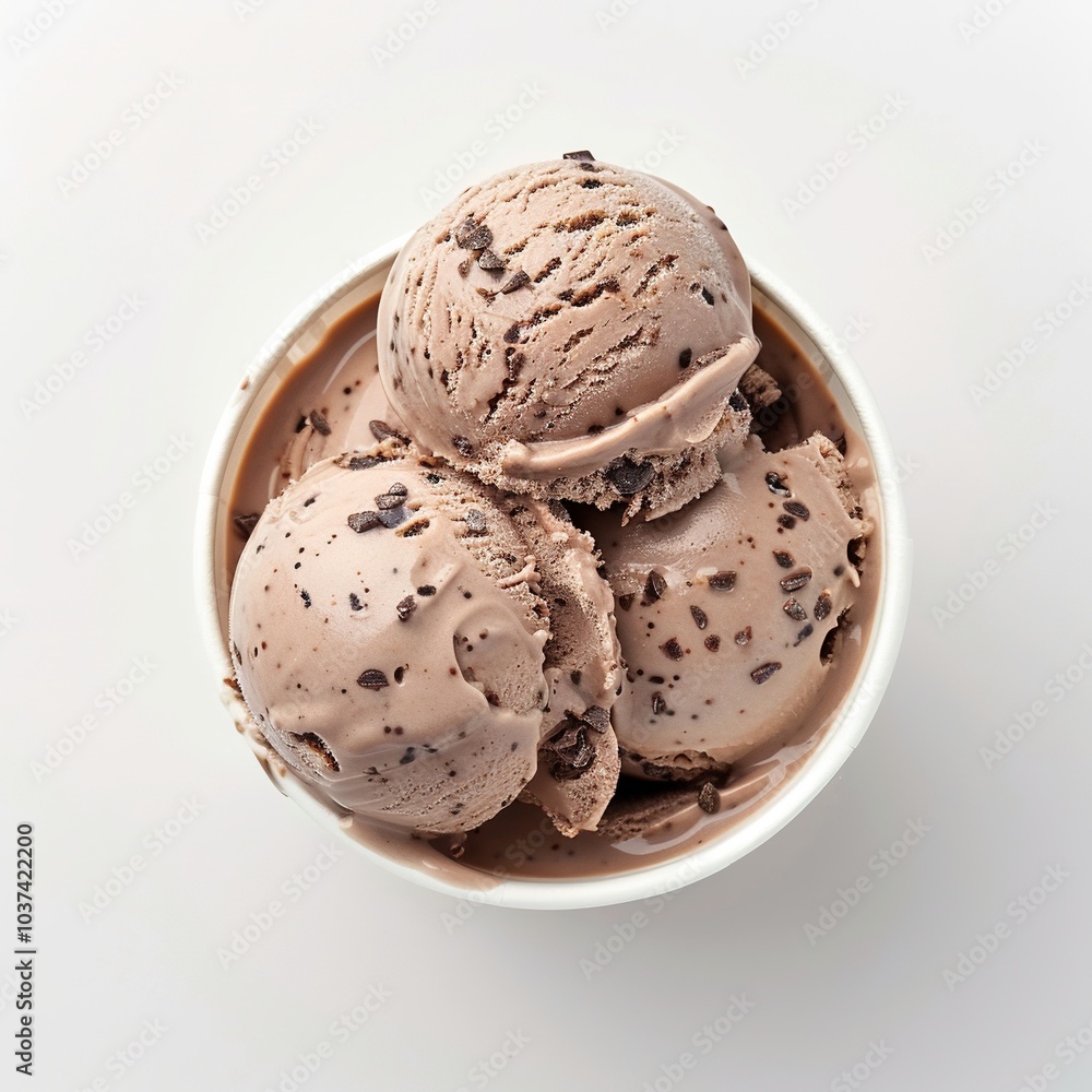 One white paper glass of decor chocolate ice cream scoops top view isolated on a white background One white paper glass of decor chocolate ice cream scoops top view isolated on a white background