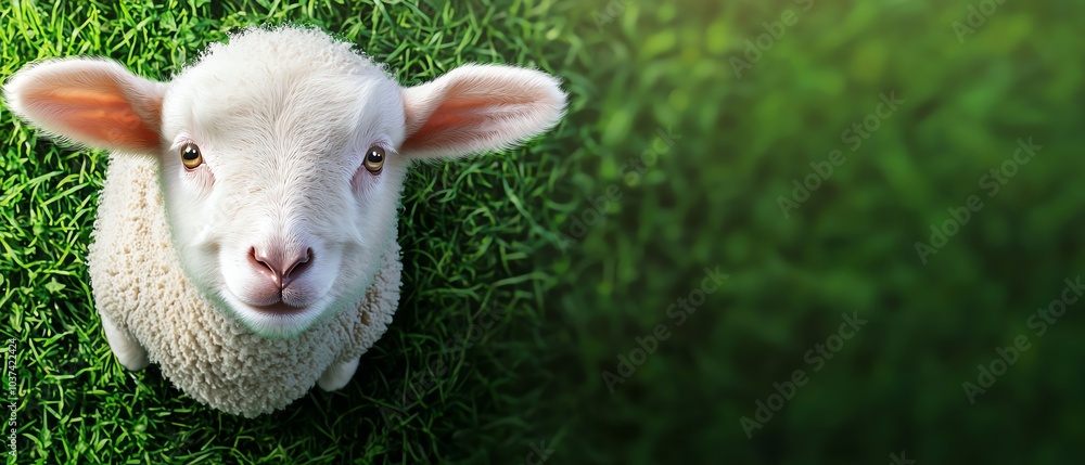 Obraz premium A cute lamb gazes curiously at the camera, surrounded by lush green grass, embodying innocence and pastoral charm.