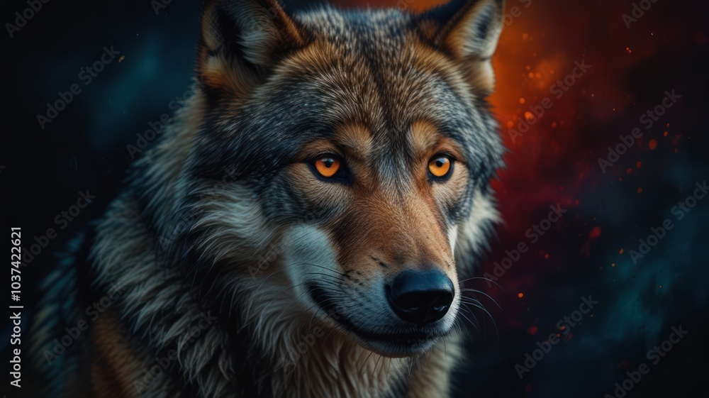 A close-up portrait of a wolf with intense, golden eyes against a smoky, dark background. A close-up portrait of a wolf with intense, golden eyes against a smoky, dark background.