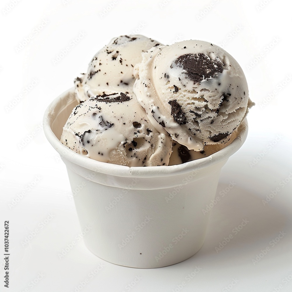 One white paper glass of decor Cookies n' Cream ice cream scoops isolated on a white background One white paper glass of decor Cookies n' Cream ice cream scoops isolated on a white background
