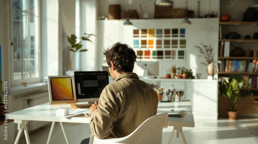 Man Working at Computer in Office Man Working at Computer in Office