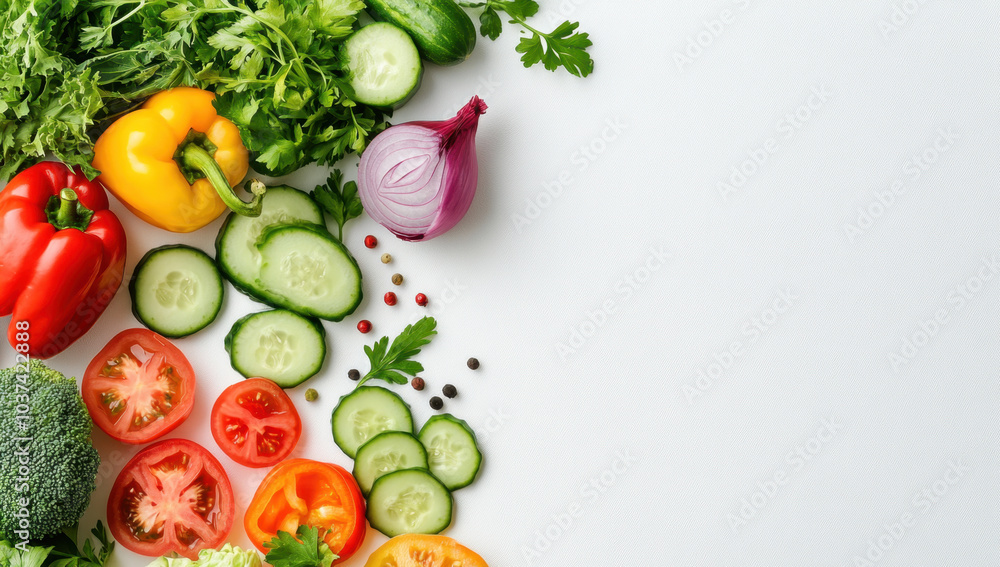 Fresh vegetables including bell peppers, cucumbers, tomatoes, and onions arranged beautifully on light background, showcasing vibrant colors and healthy choices Fresh vegetables including bell peppers, cucumbers, tomatoes, and onions arranged beautifully on light background, showcasing vibrant colors and healthy choices