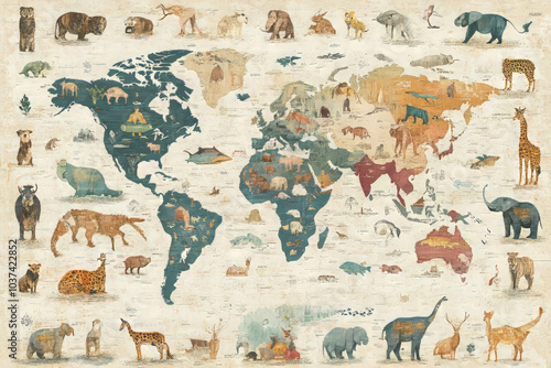 Wallpaper Mural colorful animal art on a world map: a watercolor collage of wildlife illustration Torontodigital.ca