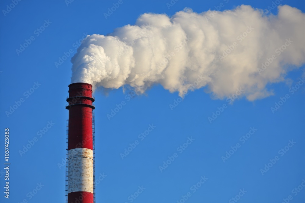 Red and White Smokestack Against a Blue Sky Red and White Smokestack Against a Blue Sky