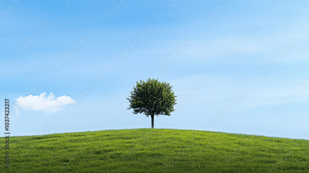 Obraz premium One tree on a green, grassy field with a blue sky background.