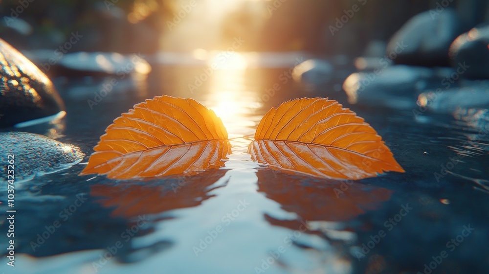Two vibrant orange leaves drift on calm water, glowing in the warm, setting sun Two vibrant orange leaves drift on calm water, glowing in the warm, setting sun