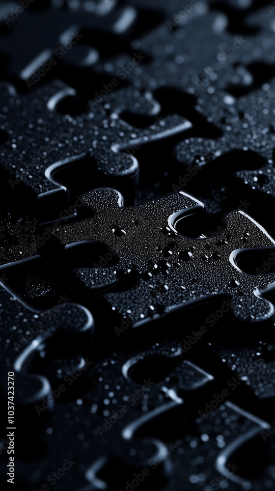 Wet Puzzle Pieces with Water Droplets in Focus Wet Puzzle Pieces with Water Droplets in Focus