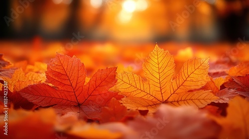 Colorful leaves blanket the ground, glowing in warm sunlight on a calm autumn day