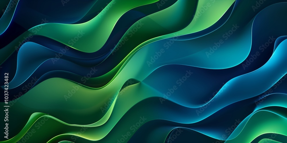 Obraz premium Abstract background with wavy lines, deep blue and green shades, dynamic pattern.